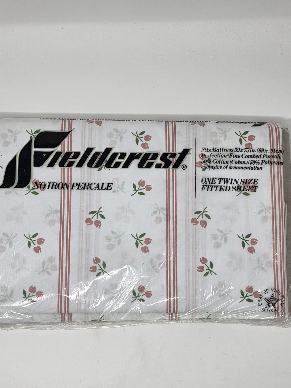Fieldcrest No Iron Percale Twin Fitted Sheet White Cottagecore Pink Tulip New